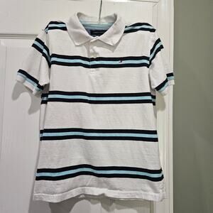 Tommy Hilfiger Boy's‎ Medium (12/14) White & Blue Striped Short Sleeve Polo